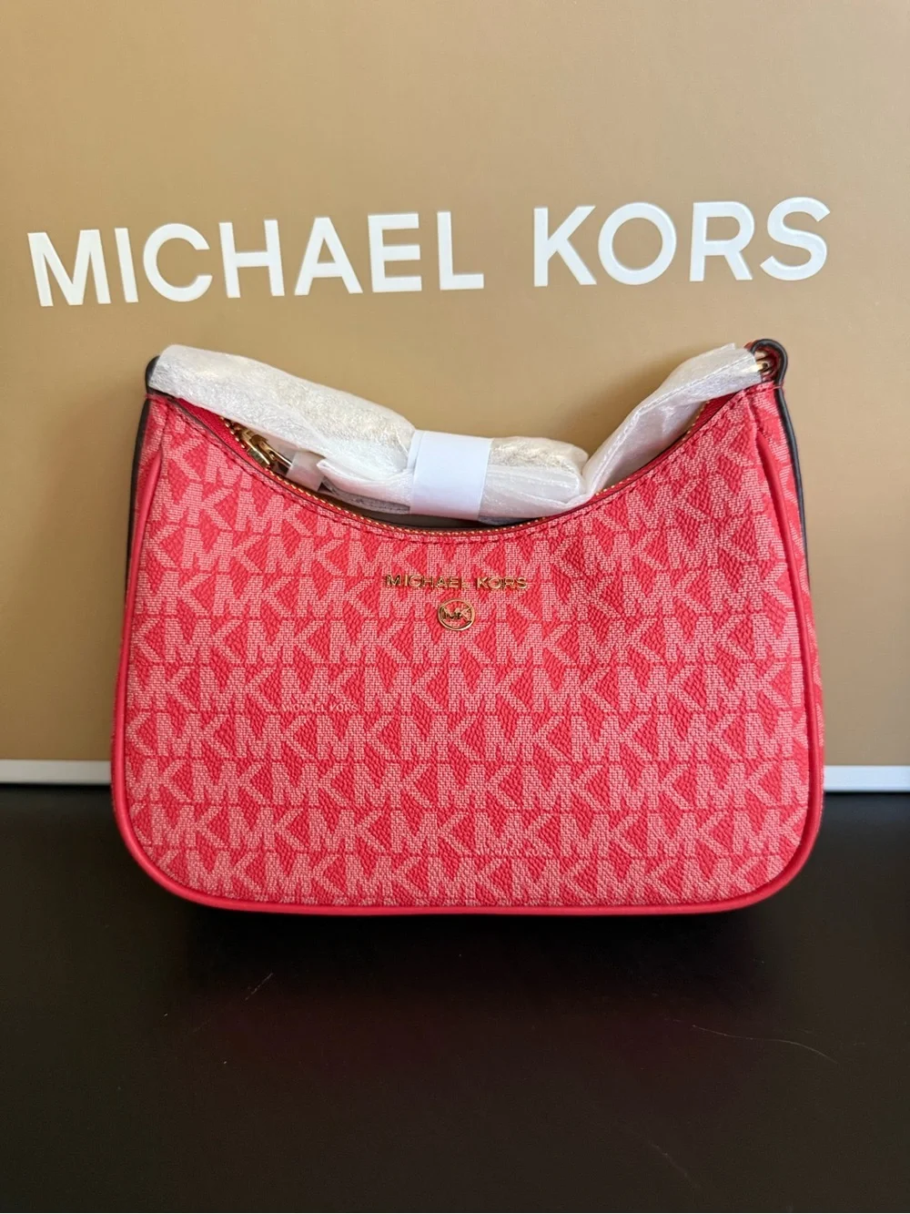 💯% Auethentic Michael Kors Coral Red MK Monogram Hobo with Gold Chain